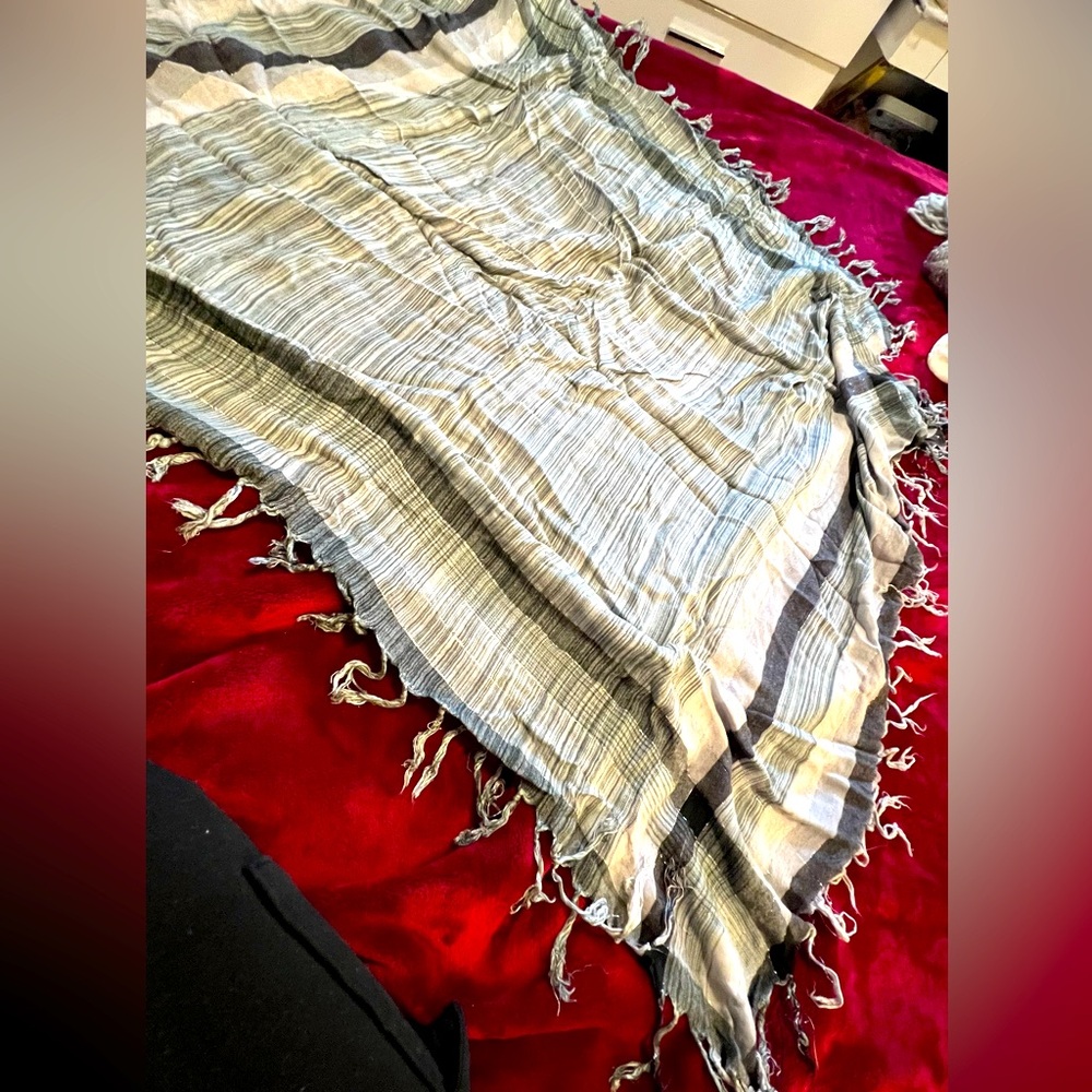 Black white gray silver plaid striped sheer scarf with fringe
